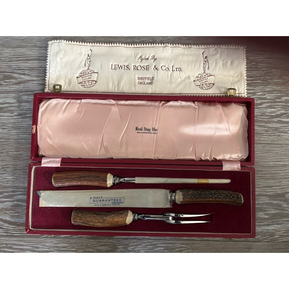 Lewis & Rose Co. Carved Stag Horn Cutlery Carving Set Sheffield‎ England